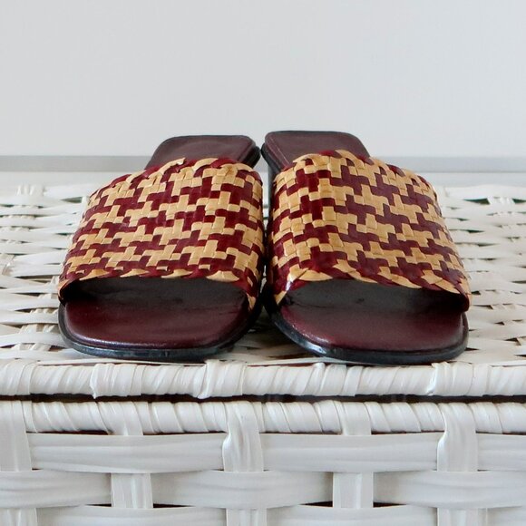 Handcrafted Burgundy Raffia Block Heel Mule Sandals Woven Boho Summer Shoes 7 - Picture 11 of 16